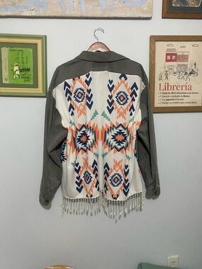 Boho Aztec Fringe Back Panel Upcycled Jacket - Olive & Cream